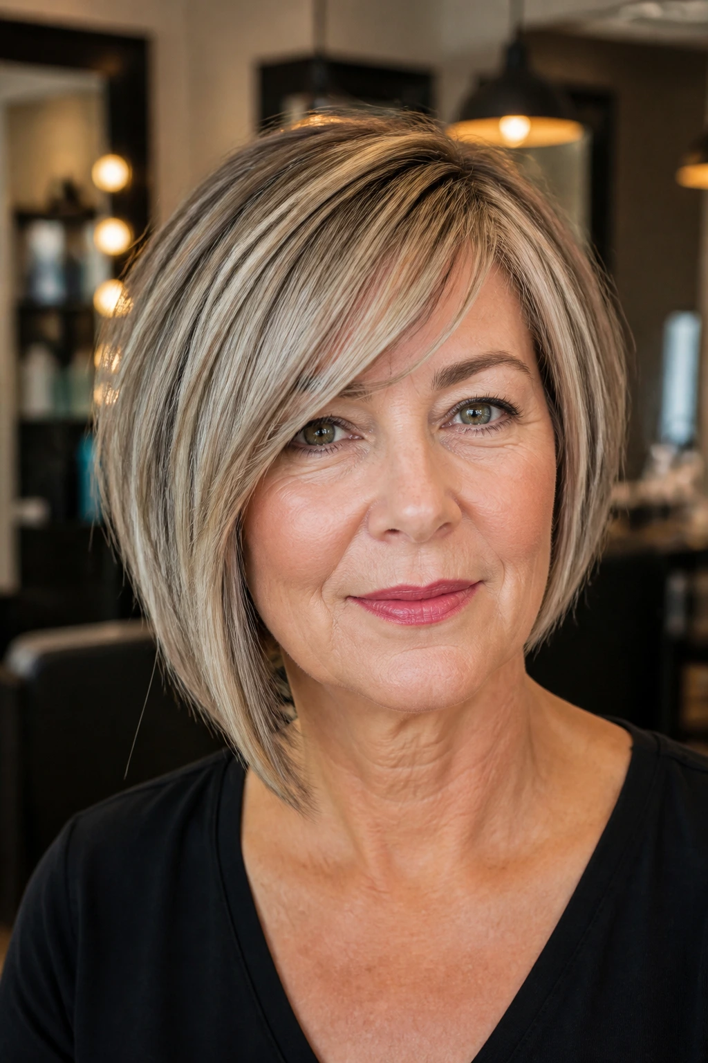 Real woman with asymmetrical bob and side bangs in a stylish salon