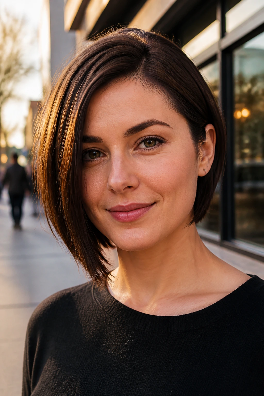 Close-up portrait of a real person with an asymmetrical bob
