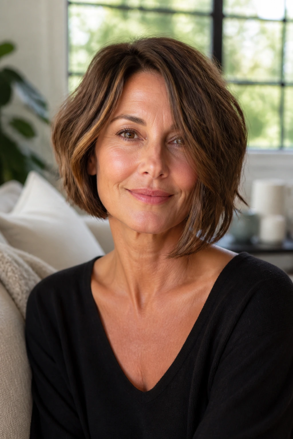 Close-up portrait of a real woman with a slightly longer bob side and natural waves in a sunlit living room