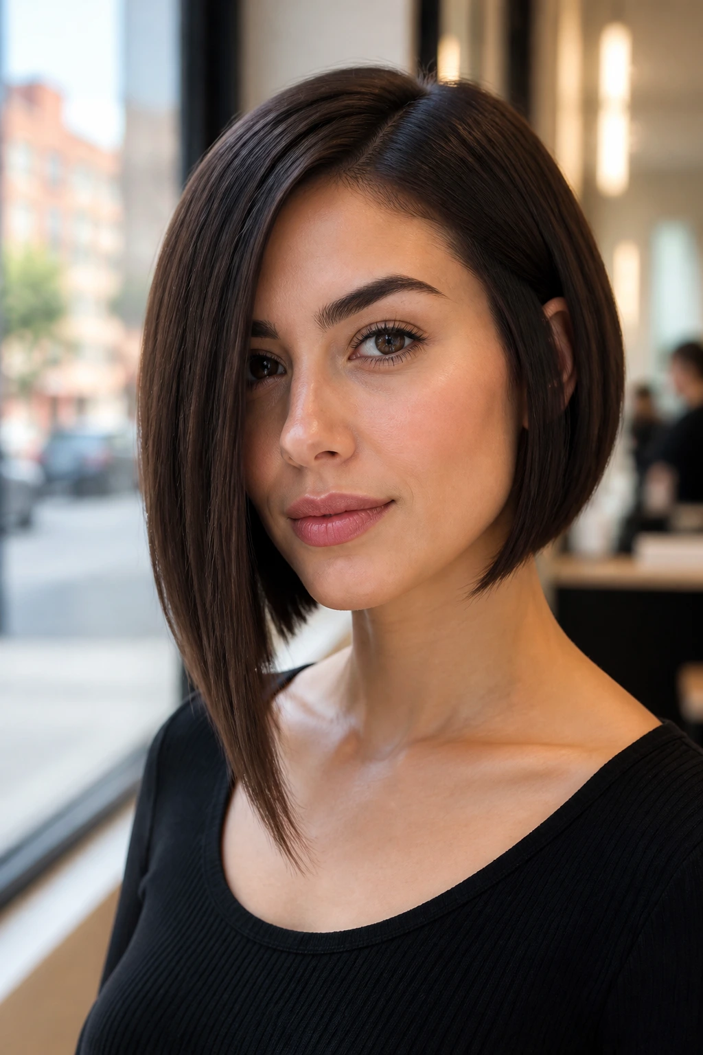 Close-up portrait of a real woman with an asymmetrical sleek bob under salon lighting