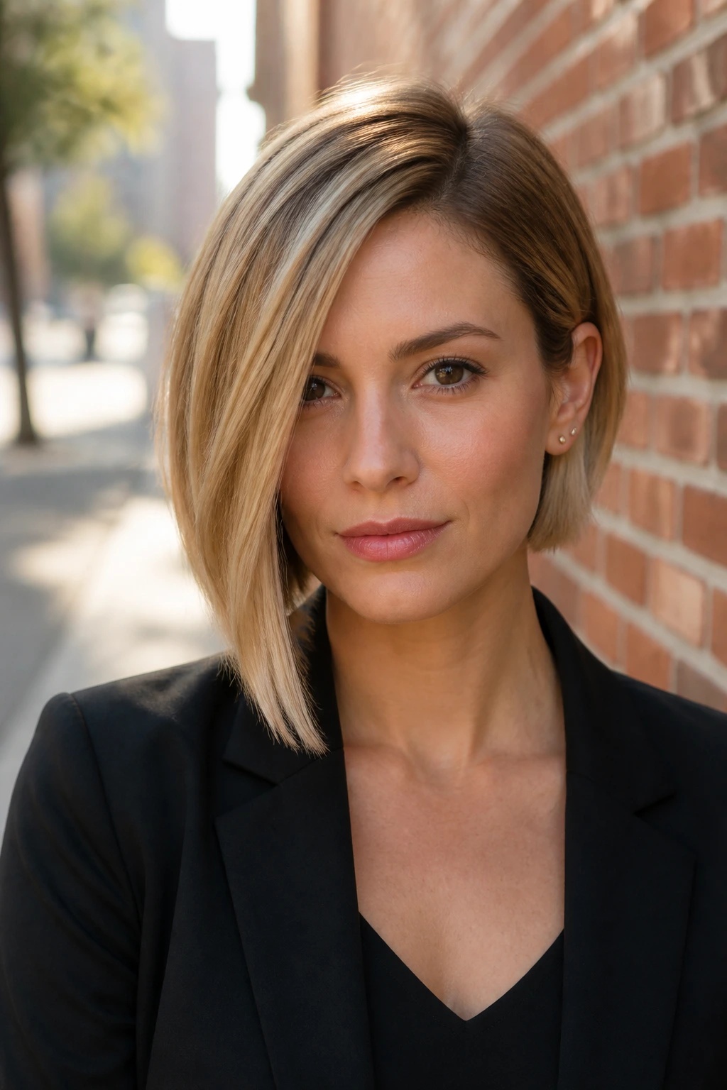 Portrait of a real woman with an asymmetrical Bob and longer side