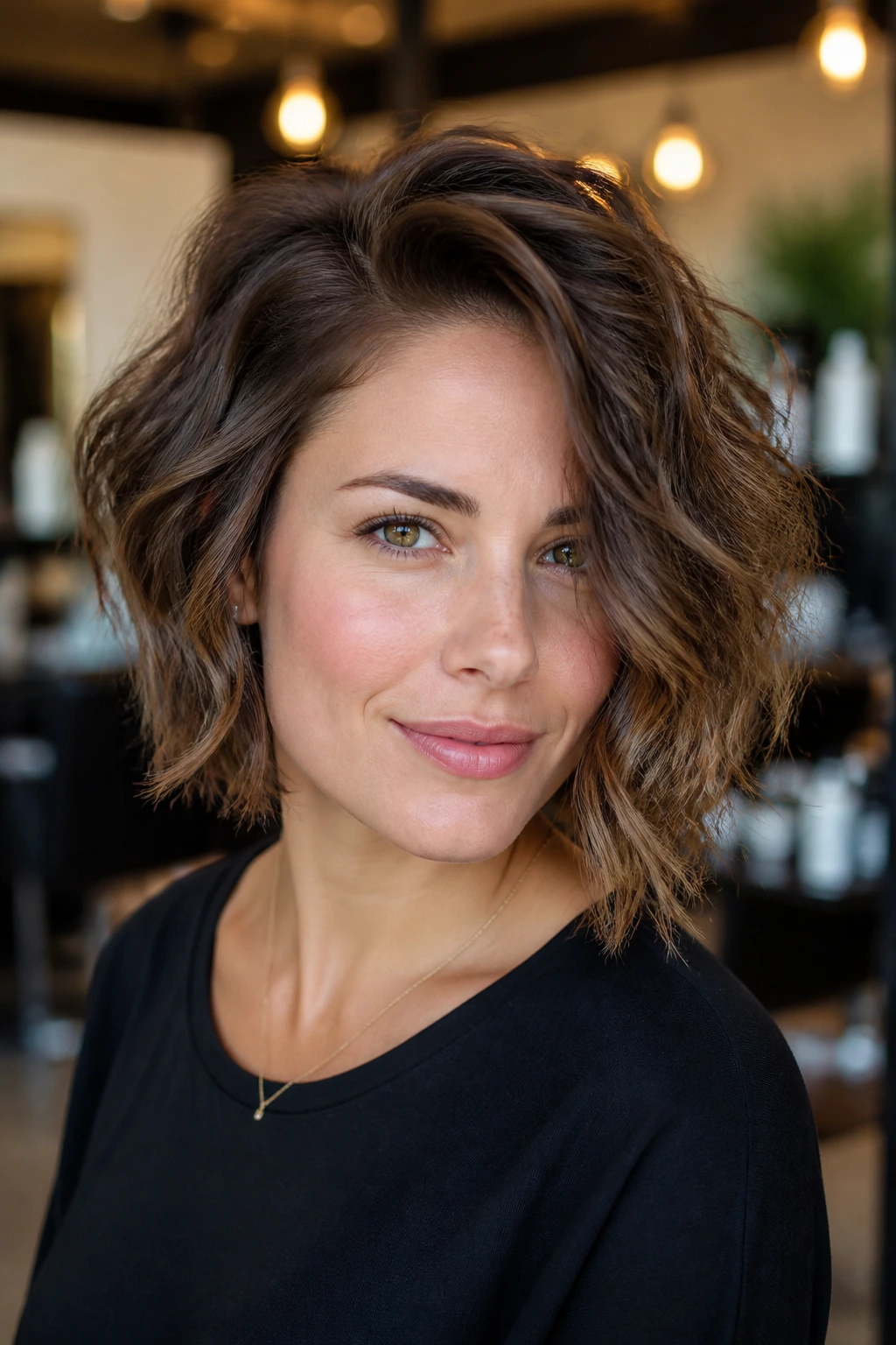 Close-up of a real woman with crown-boosted asymmetrical bob showing longer side
