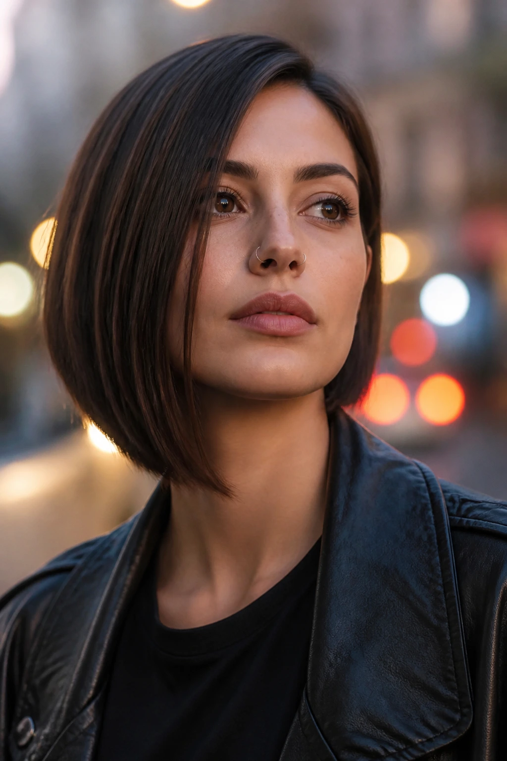 Close-up of a real person with an asymmetrical bob emphasizing the jaw-grazing longer side