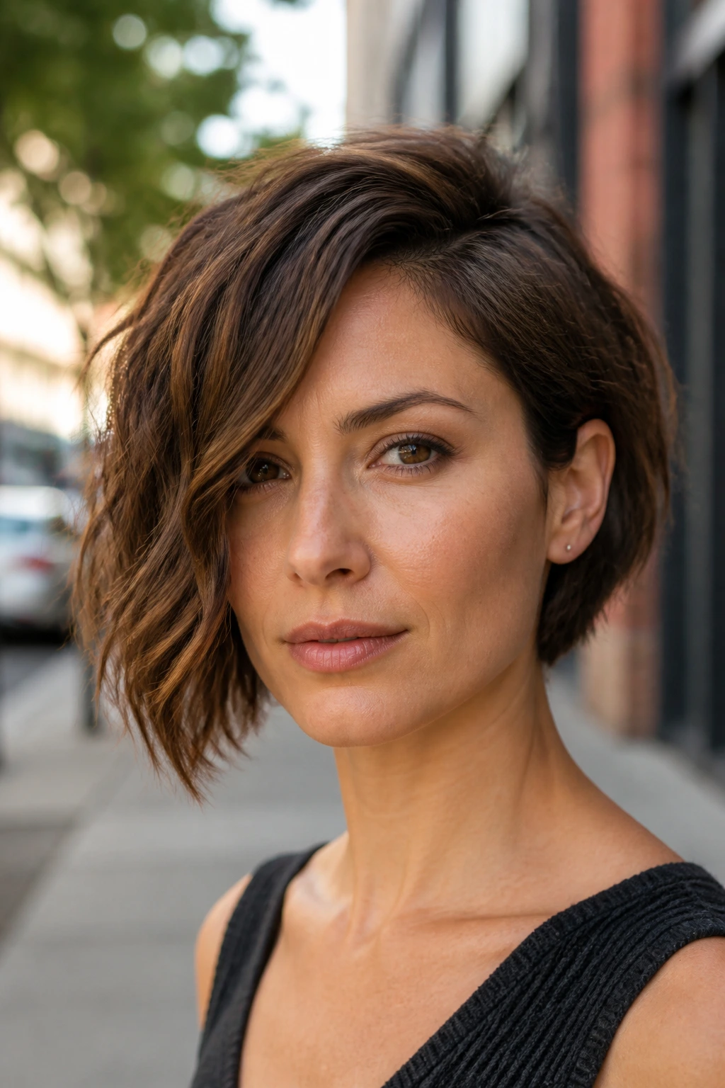 Close-up portrait of a real woman with an asymmetrical bob showing subtle length difference