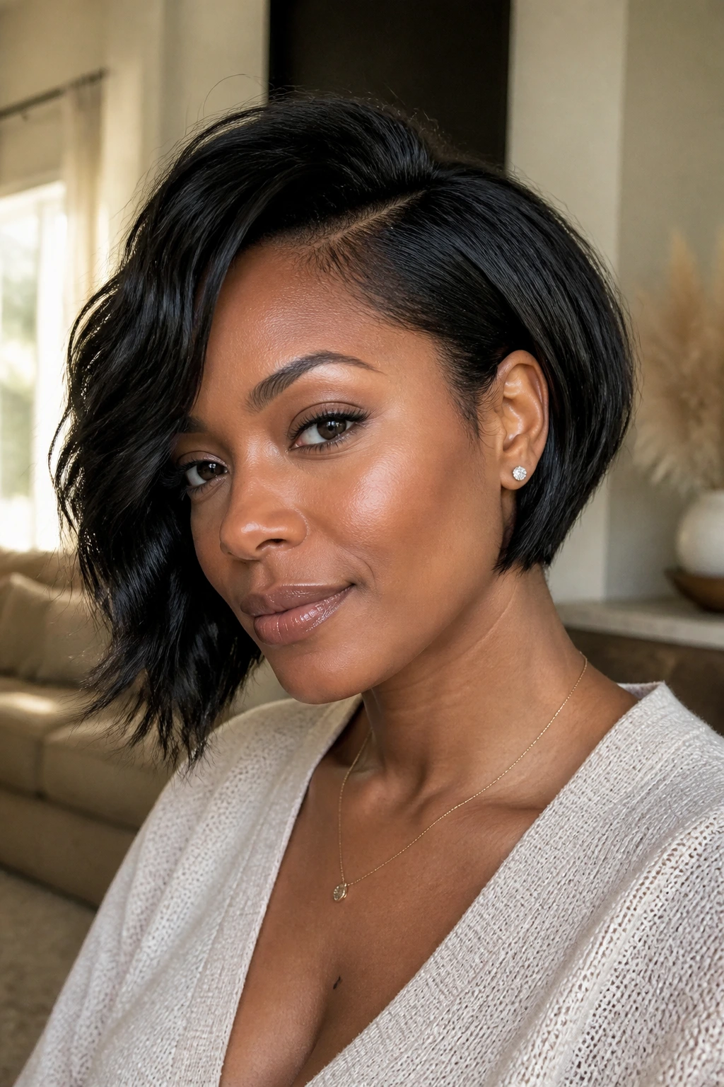 Portrait of a real woman with an asymmetrical bob and one longer side, tucked behind the ear.