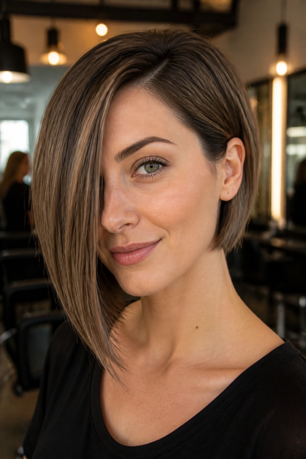 Close-up portrait of a real woman with an asymmetrical A-line bob in a warm salon