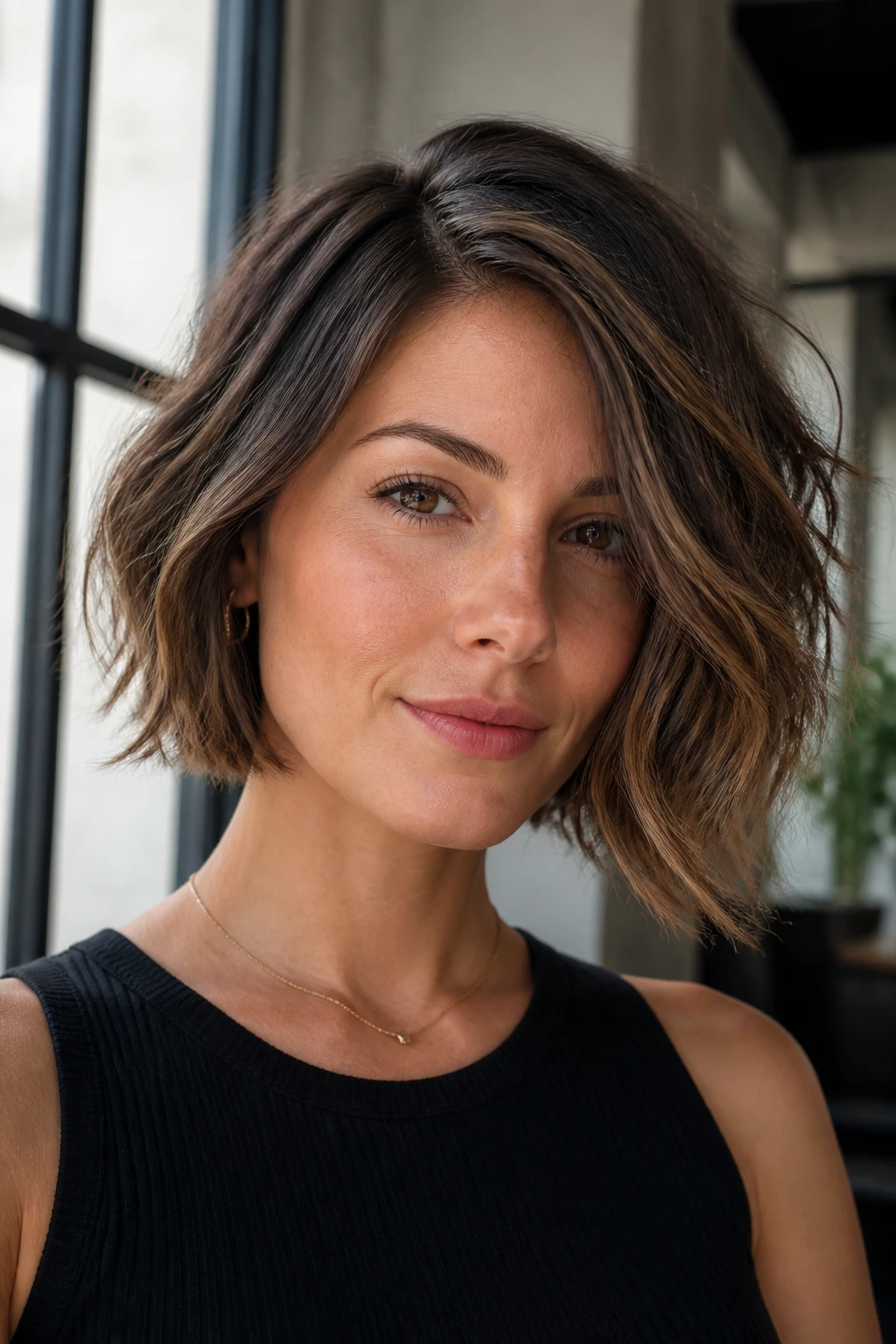 Portrait of real woman with subtle asymmetrical bob and soft waves