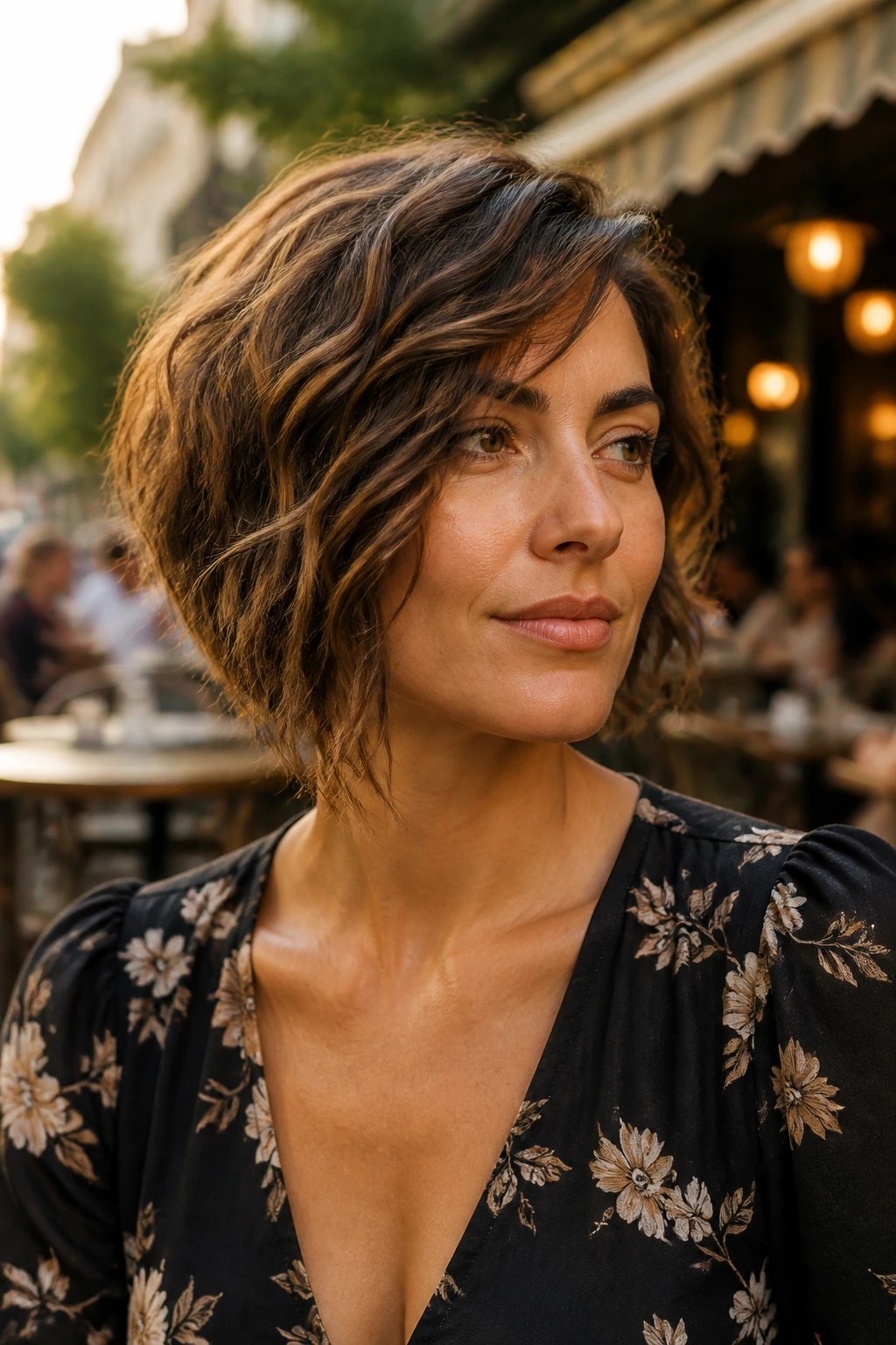 Portrait of a real woman with an asymmetrical bob showing subtle length difference