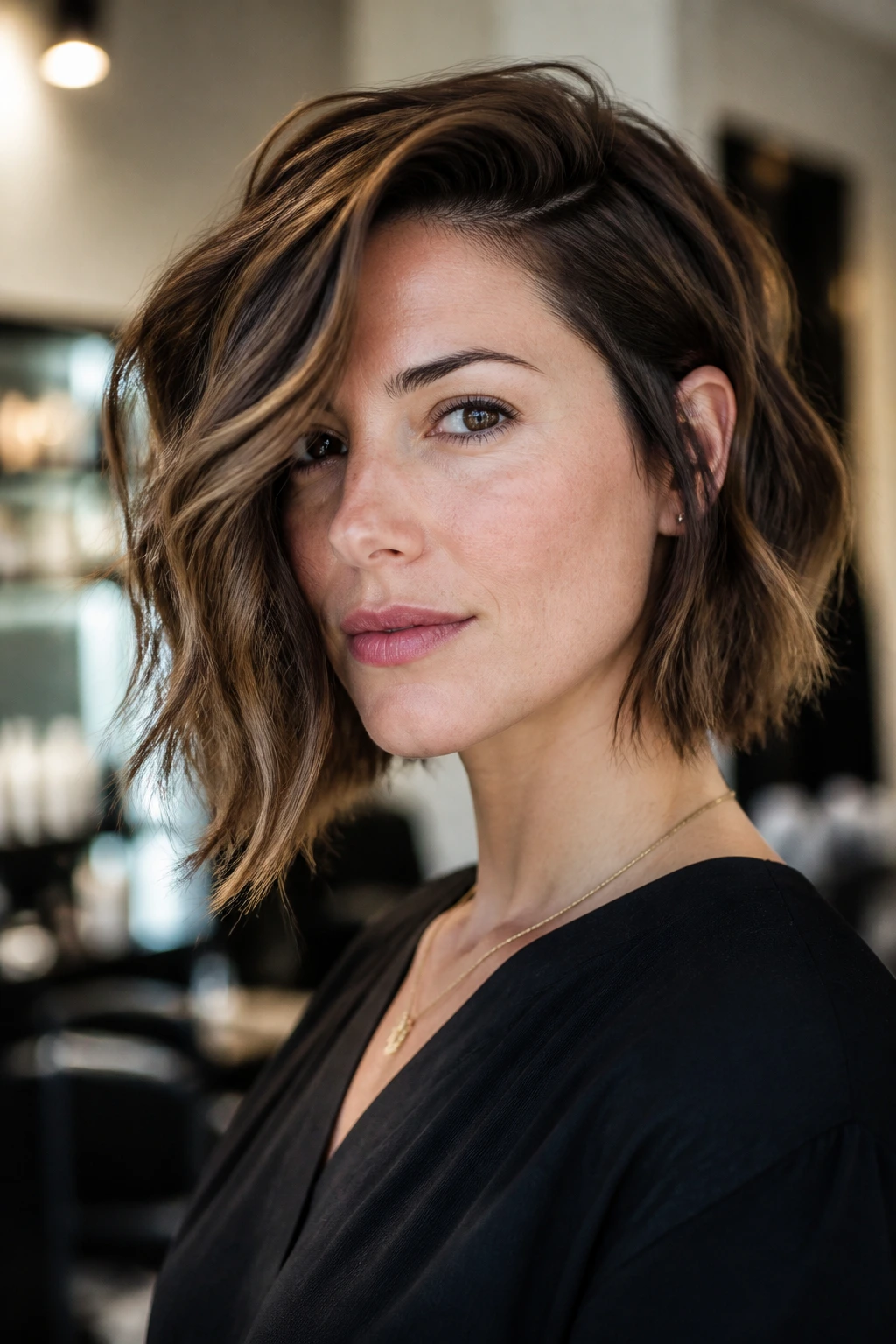 Close-up portrait of a real woman with an asymmetrical bob showing a shorter side and longer side, soft waves and warm light.