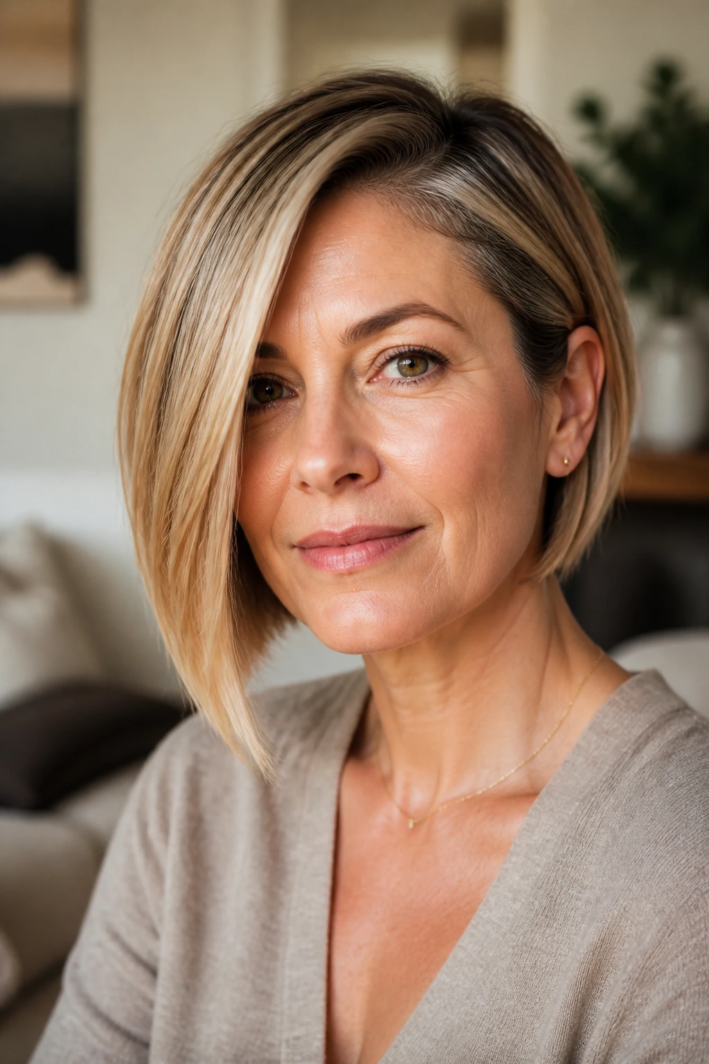 Close-up portrait of a real woman with a precise asymmetrical bob showing longer side for movement.