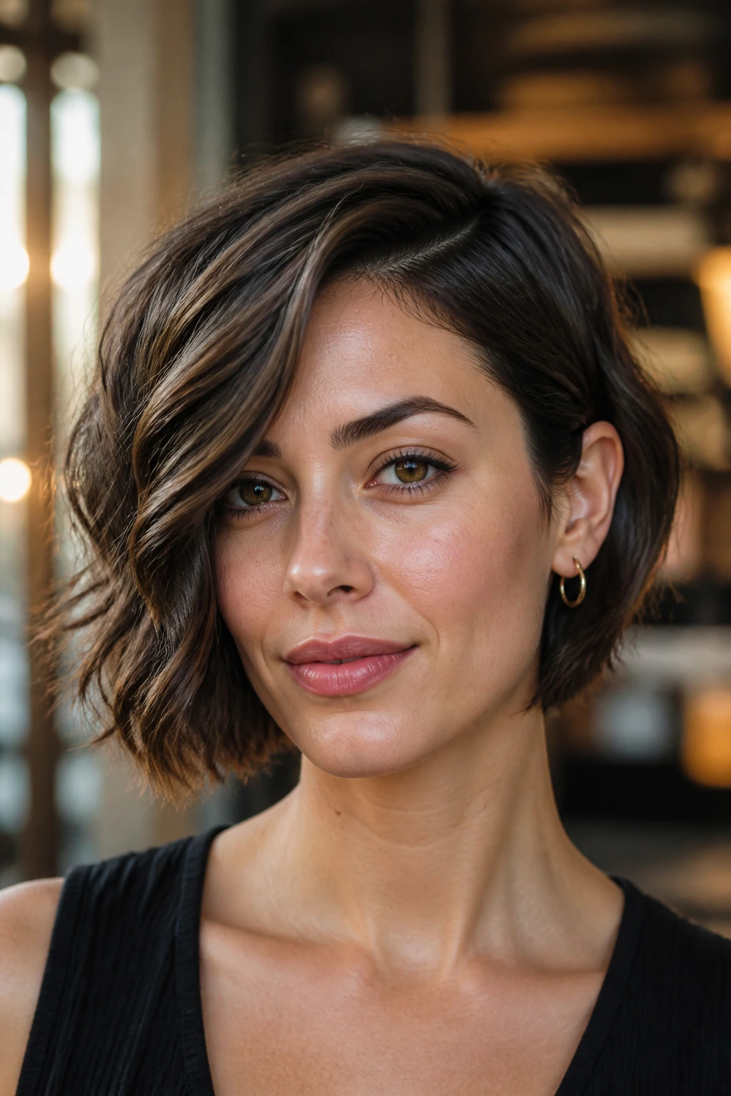 Close-up portrait of a real woman with a subtle asymmetrical bob on oval face, warm window light.