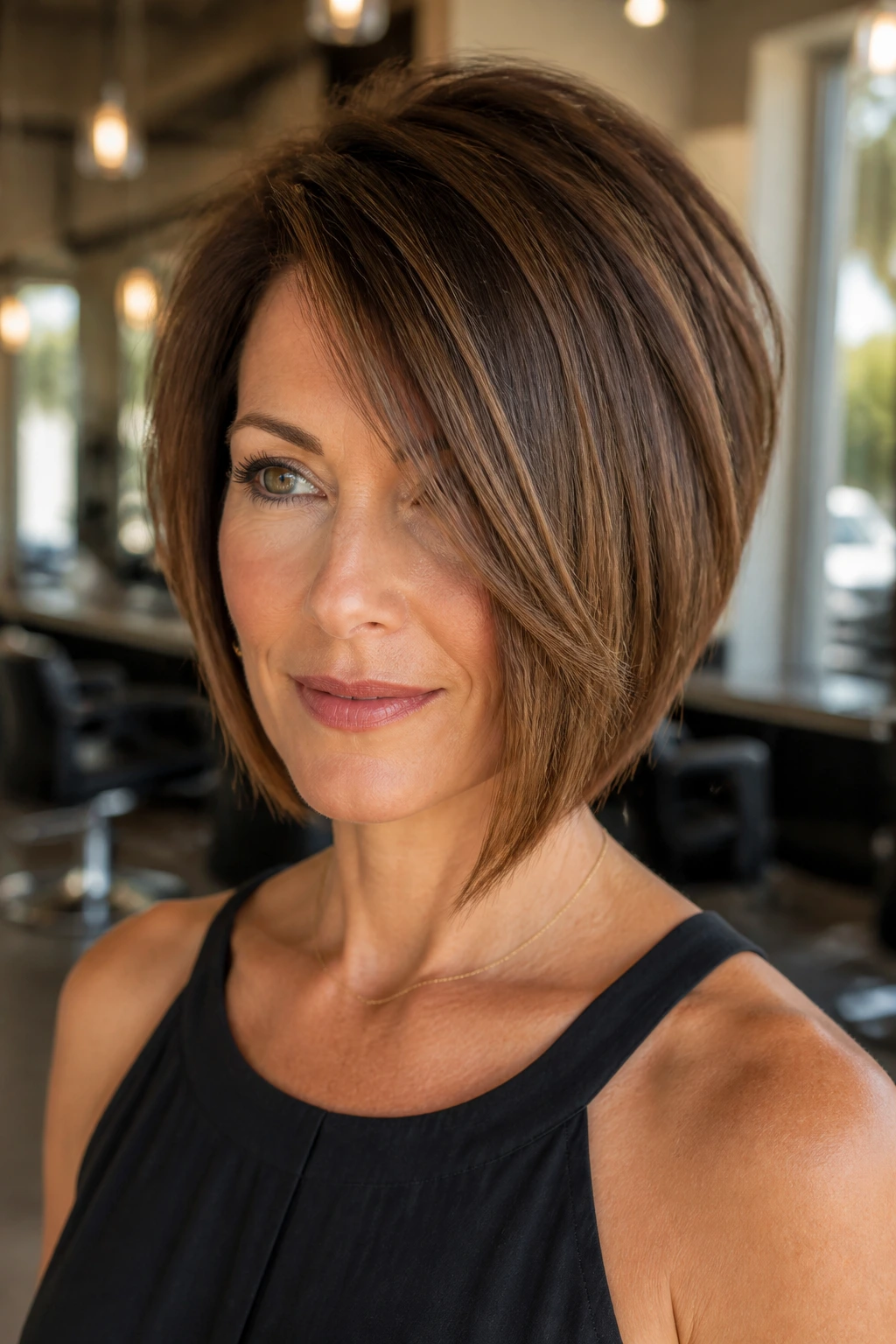 Portrait of a real woman with an asymmetrical statement bob.