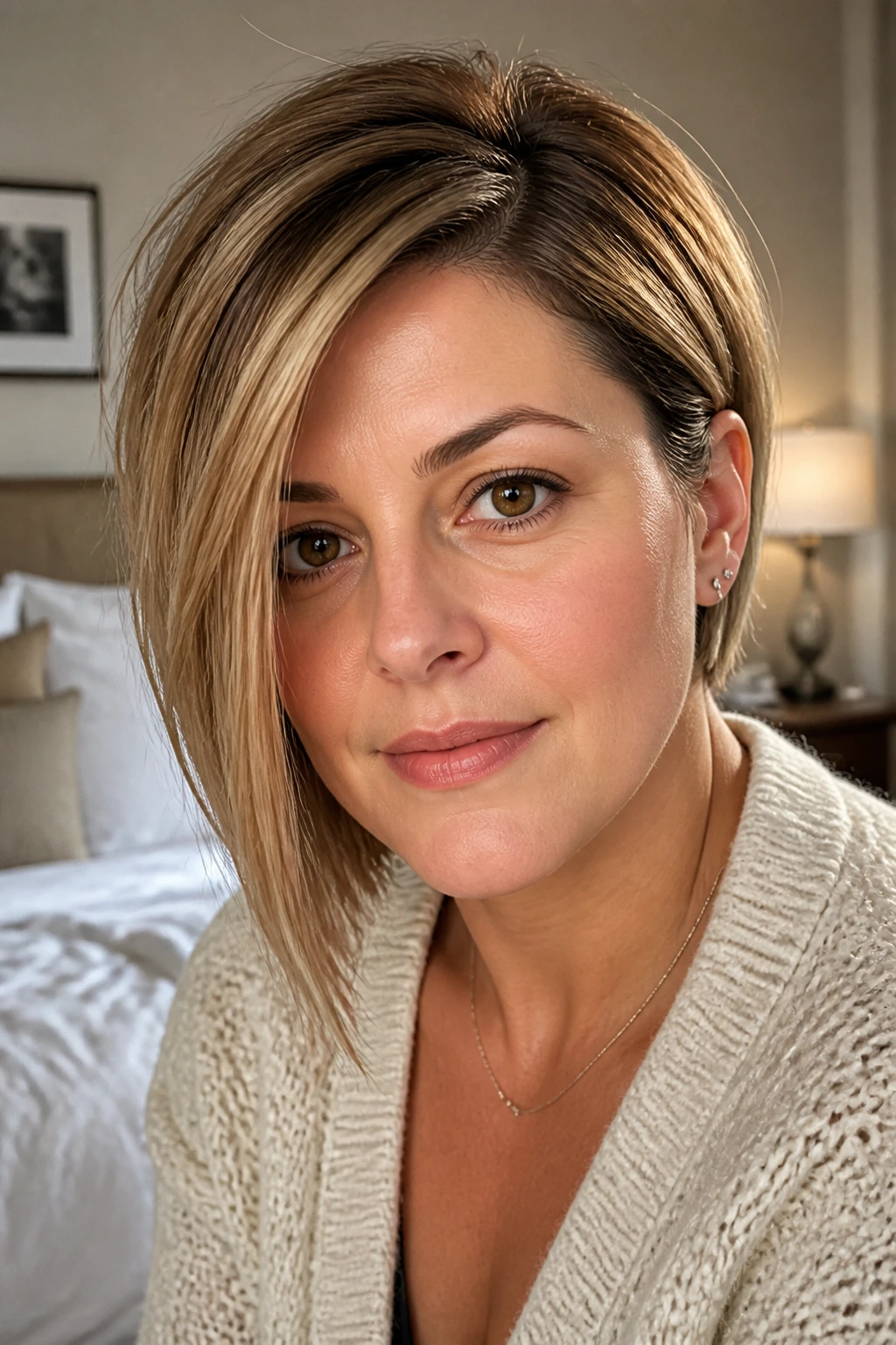 Close-up portrait of a real woman with an asymmetrical bob, one side longer and the other tucked, soft window light.