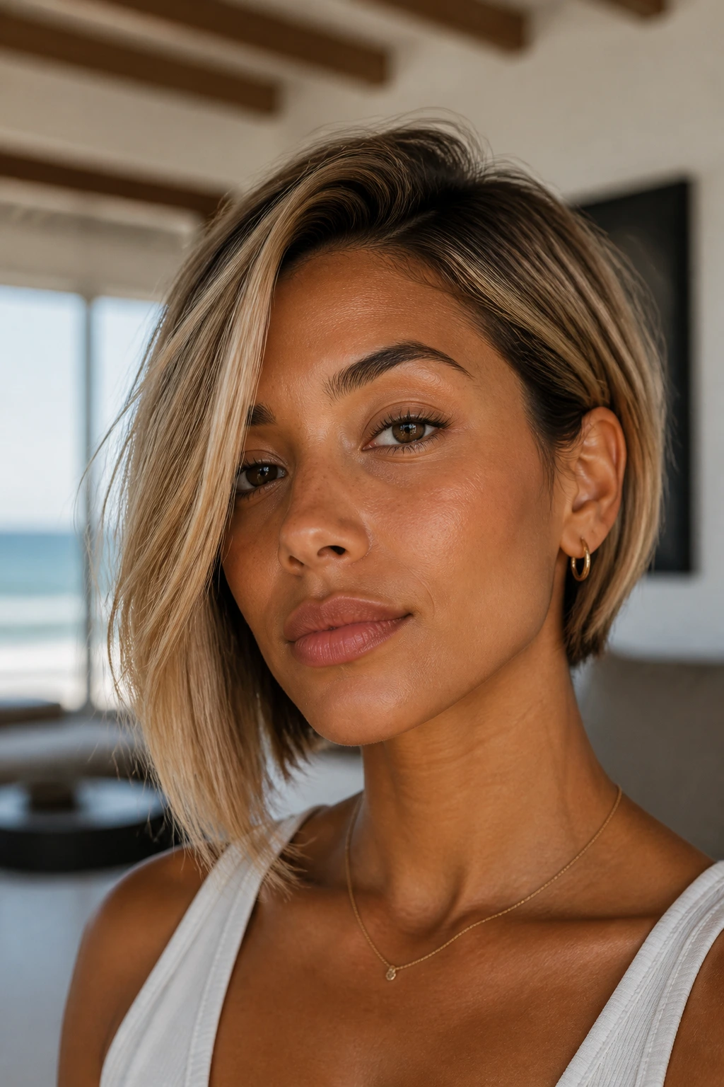 Close-up portrait of a real woman with an asymmetrical bob and sandy root on medium skin tone