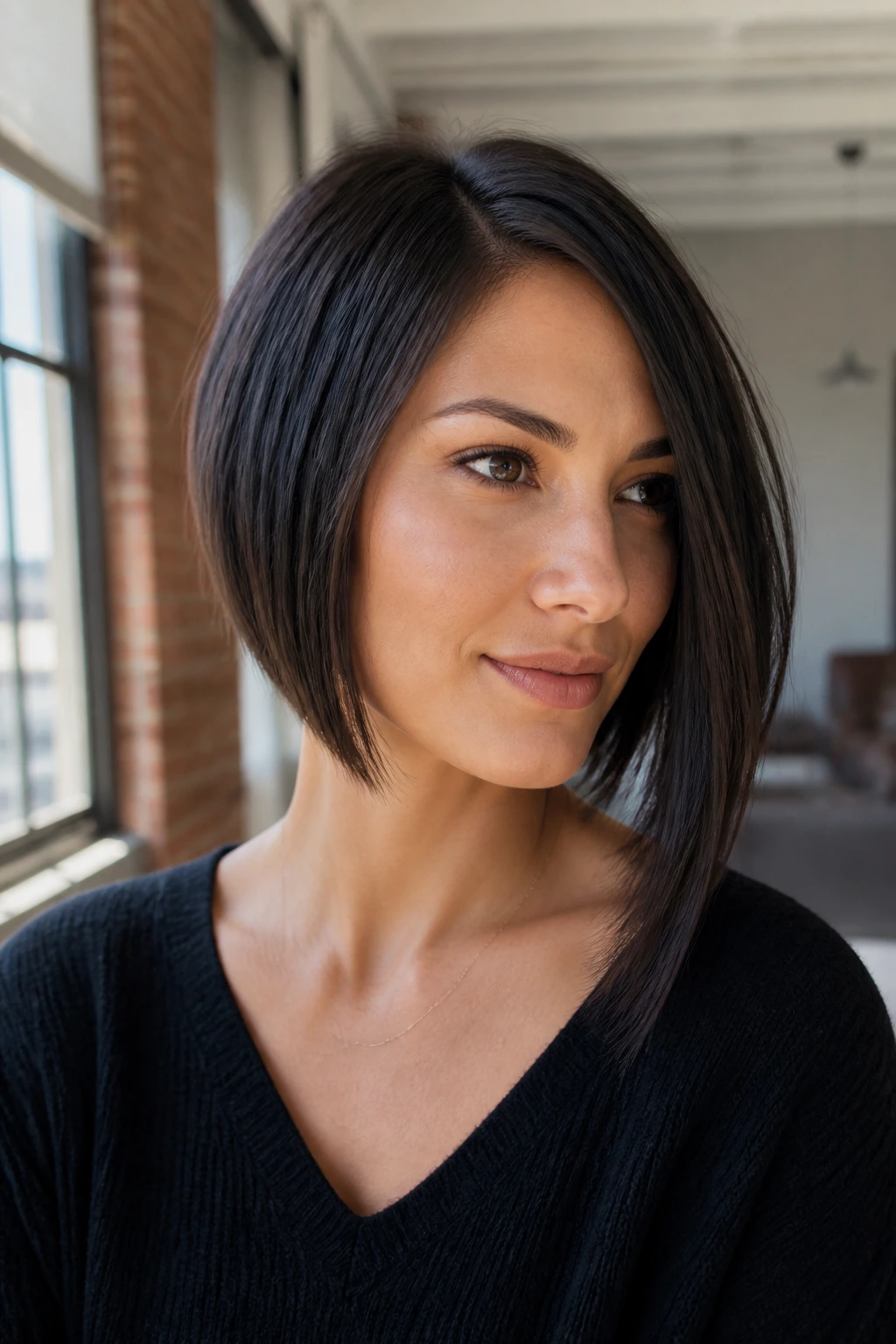 Close-up portrait of a real woman with asymmetrical bob and longer side