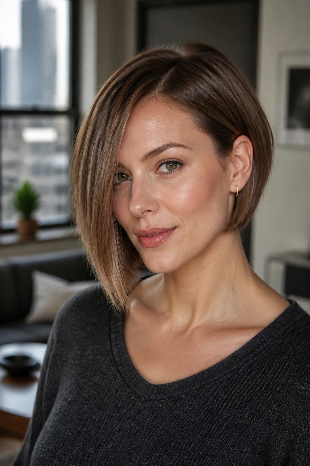 Head-and-shoulders portrait of a real woman with asymmetrical bob