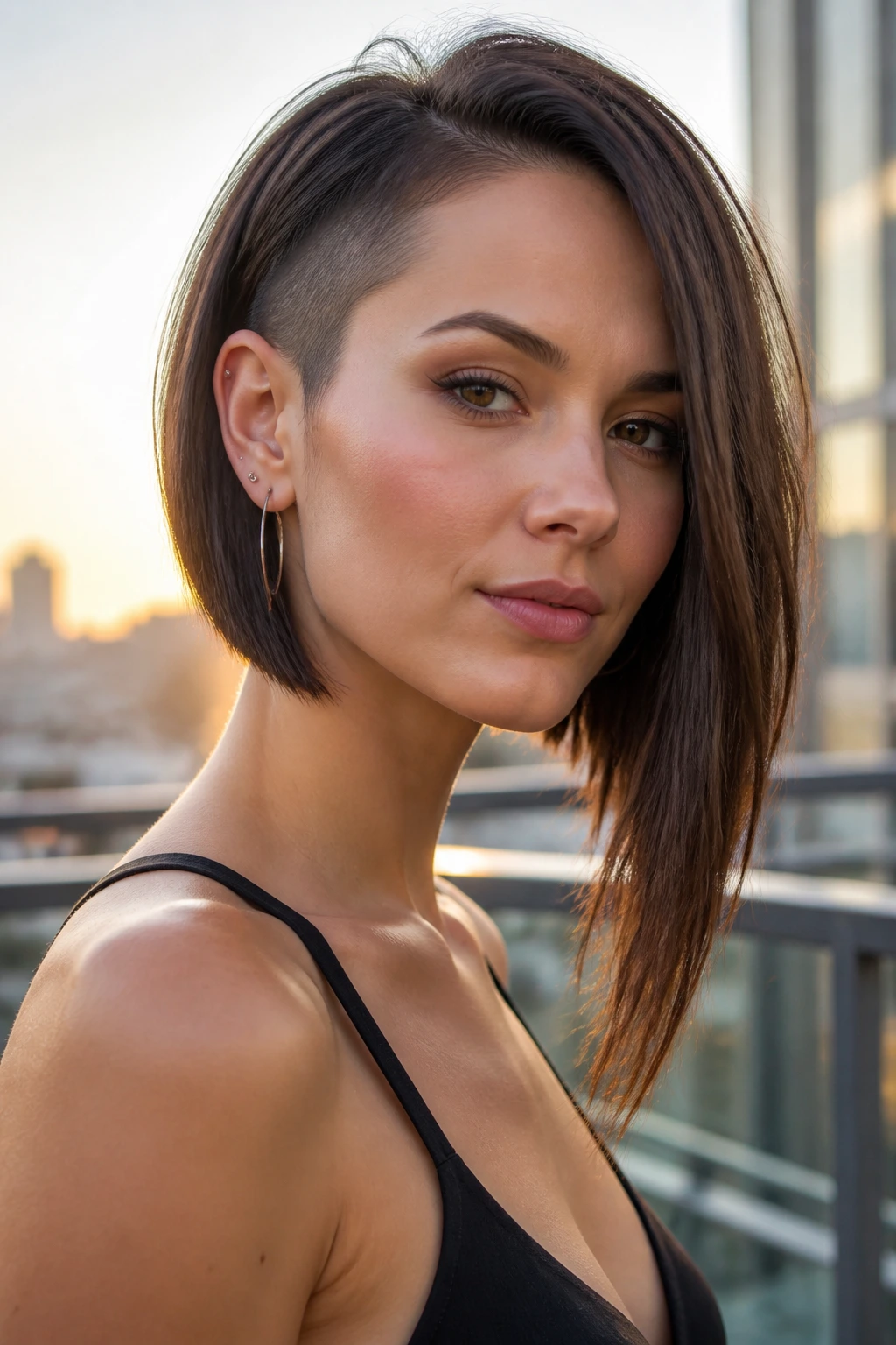 Close-up portrait of a real woman with an asymmetrical one-side-longer bob and shaved side on straight hair