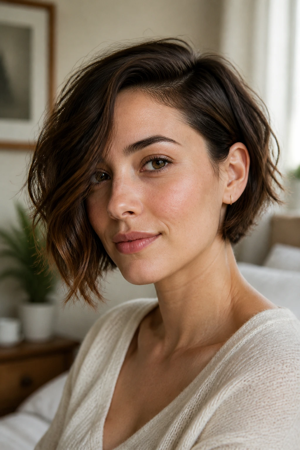 Close-up of a real woman with an asymmetrical bob and one-ear tuck