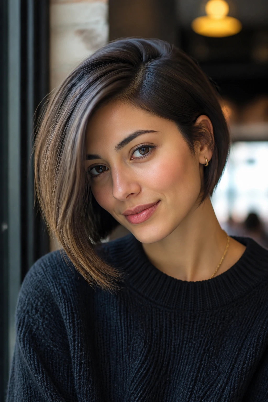 Portrait of a real woman with asymmetrical side-part bob and longer side in soft natural light