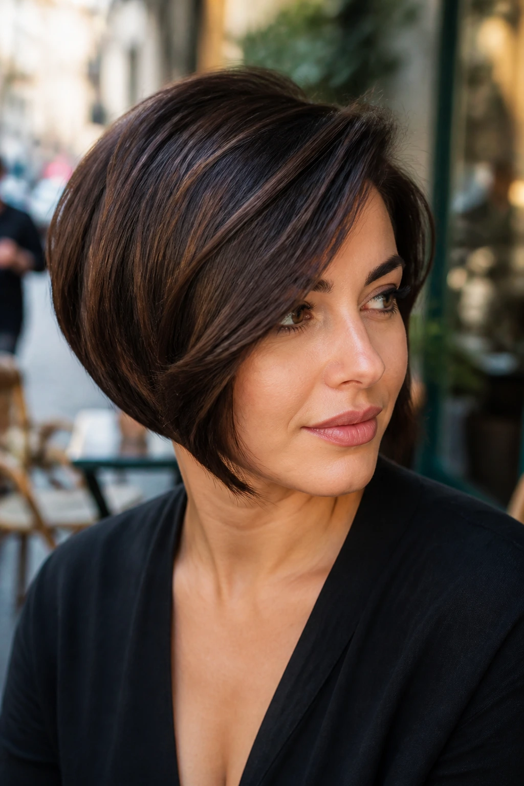 Close-up portrait of a real woman with an asymmetrical bob and side sweep in daylight