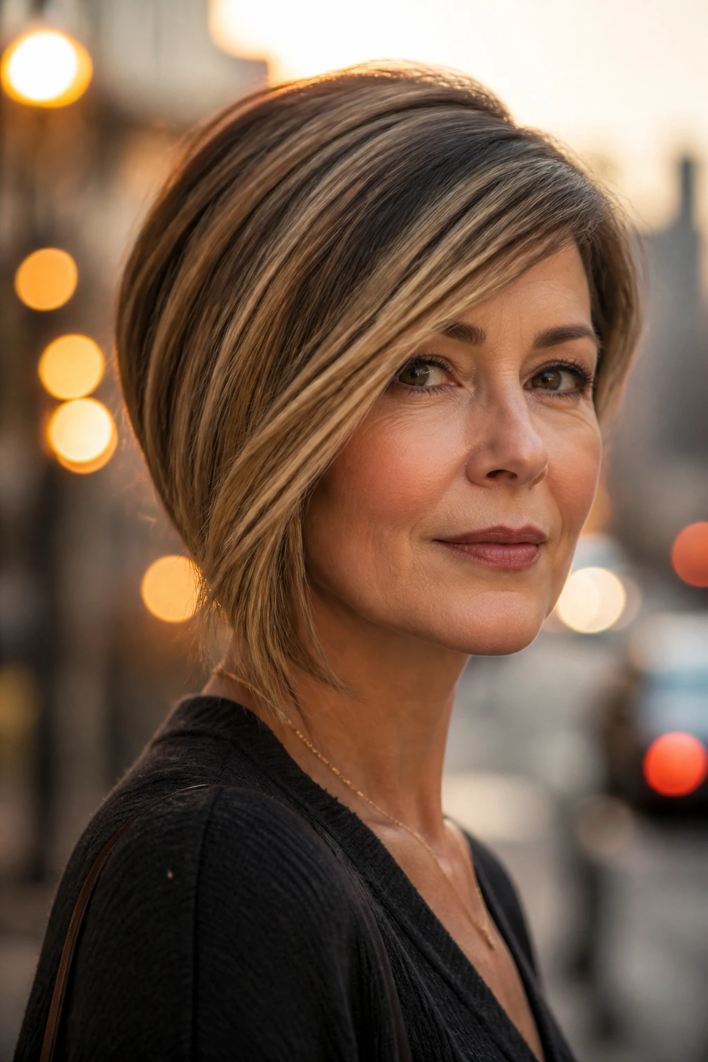 Close-up of a real woman with an asymmetrical bob and side sweep caramel highlights