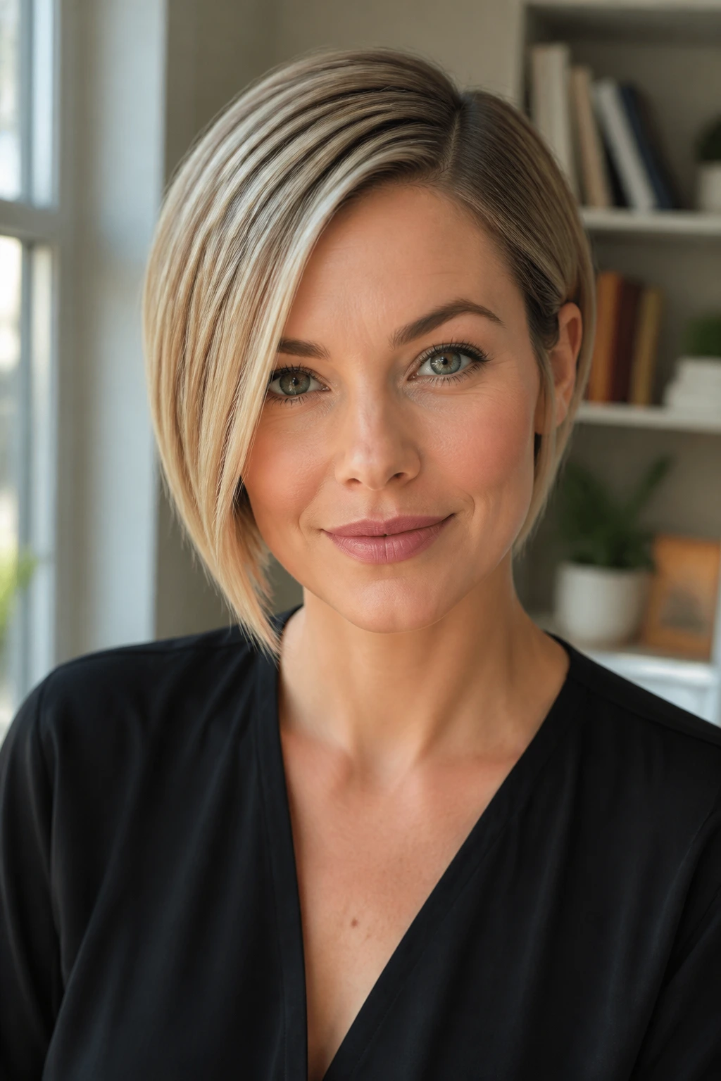 Close-up of a real woman's head showing an asymmetrical bob with a deep side part