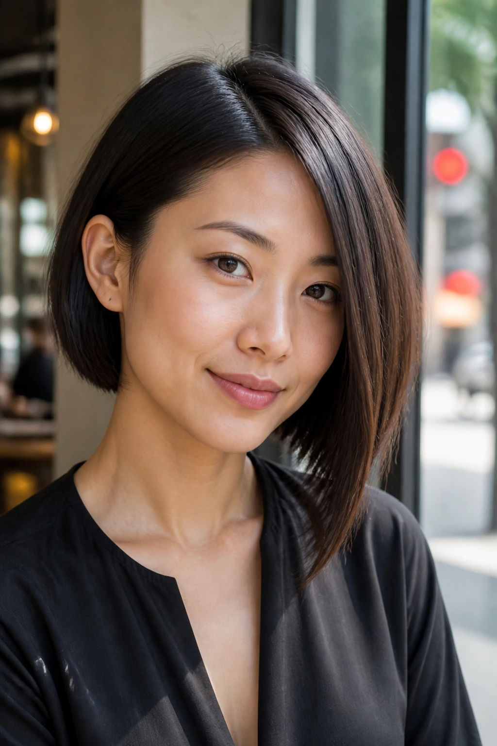 Close-up portrait of a real woman with an asymmetrical bob in daylight at a cafe.