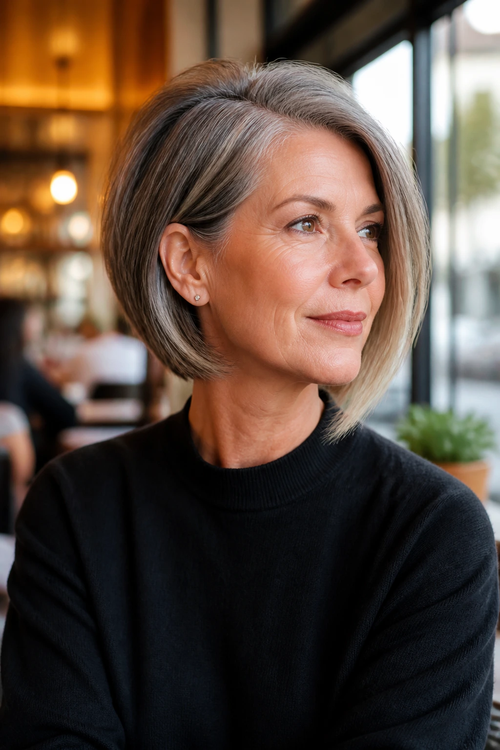 Real woman with asymmetrical bob and subtle angle.