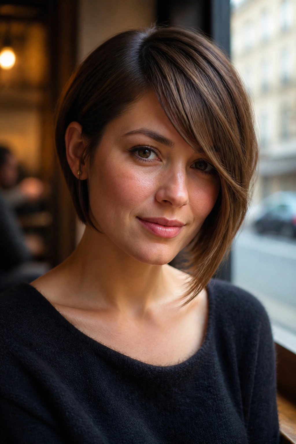 Close-up portrait of a real woman with an asymmetrical A-line bob and sweeping fringe
