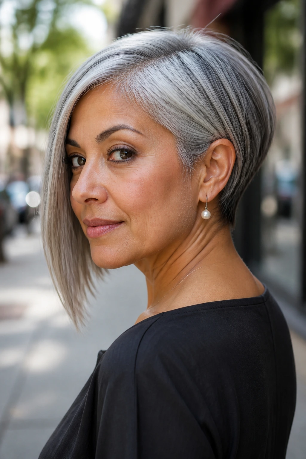 Portrait of a real woman with an asymmetrical bob and tapered nape.