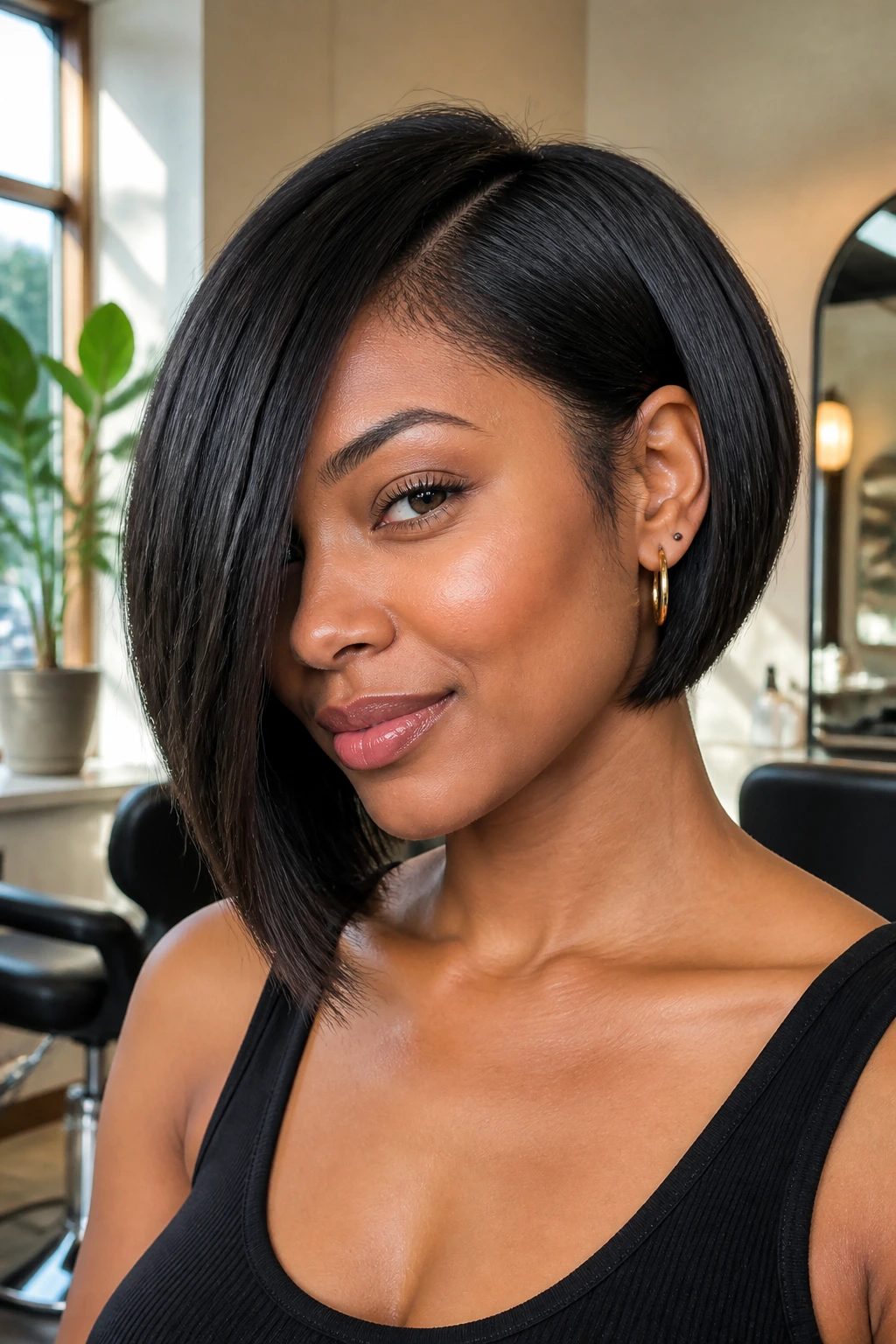 Close-up of real woman with jaw-length asymmetrical bob and thick hair