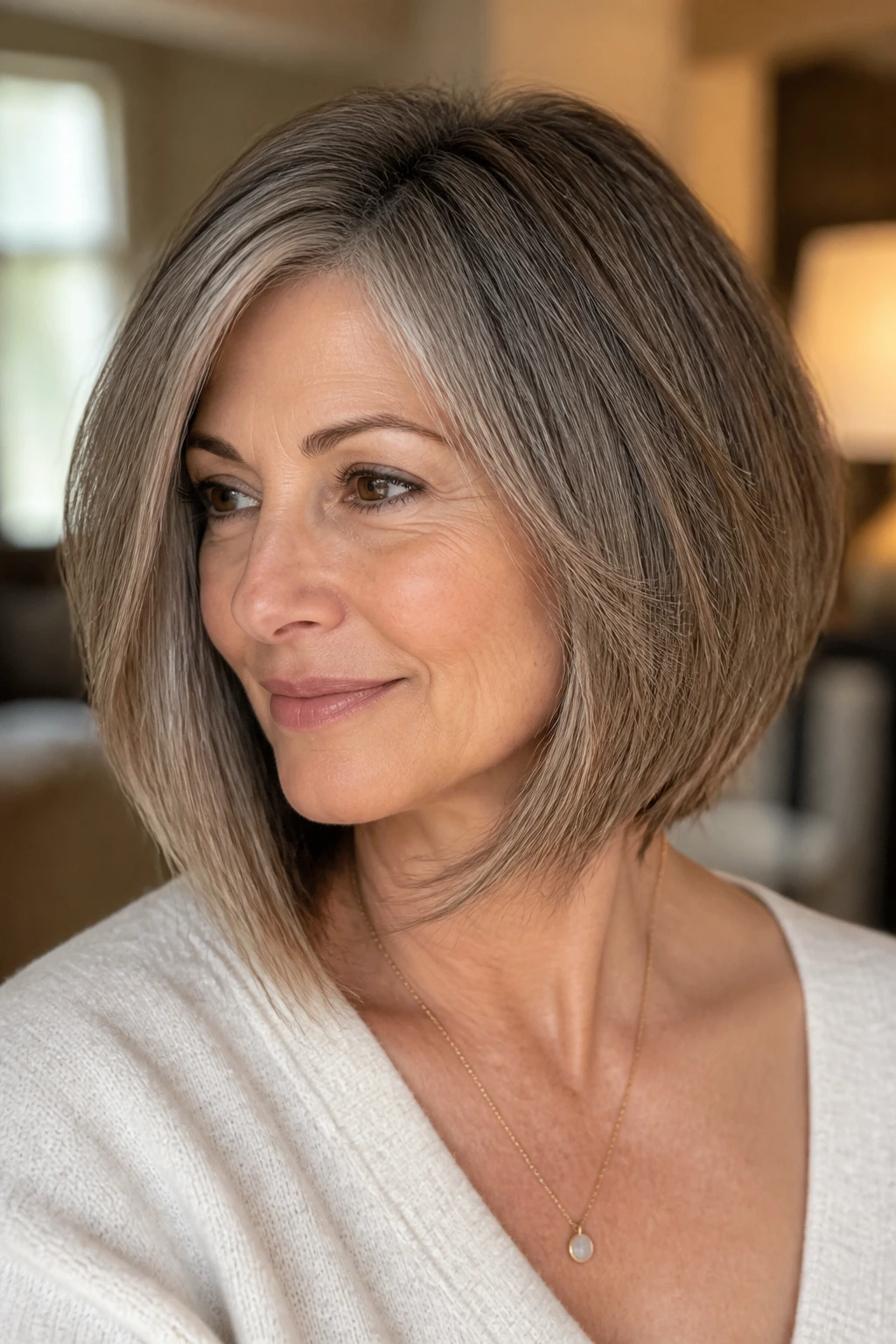 Close-up portrait of a real woman with a soft asymmetrical bob