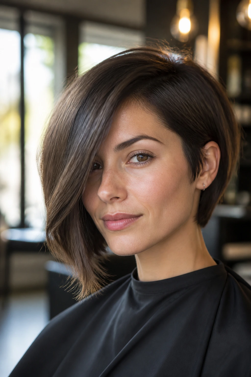 Close-up of a real woman with an asymmetrical bob and sharp sweep, thick hair framing the face.
