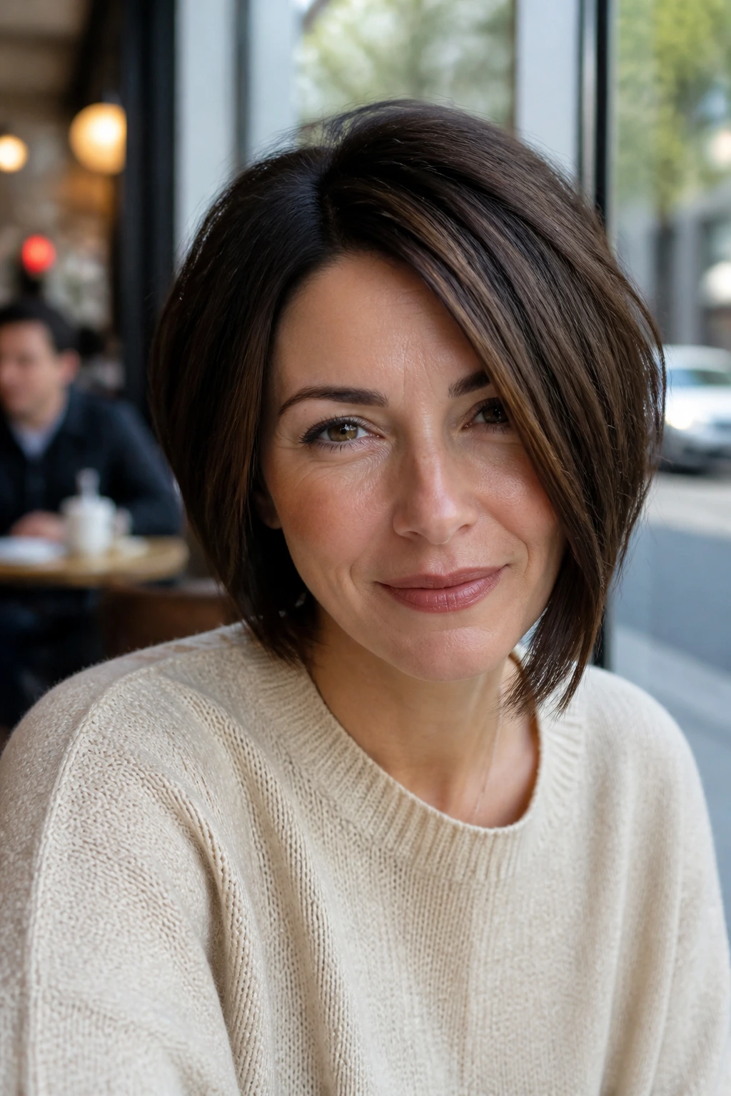 Portrait of a woman with a soft asymmetrical bob in natural cafe light