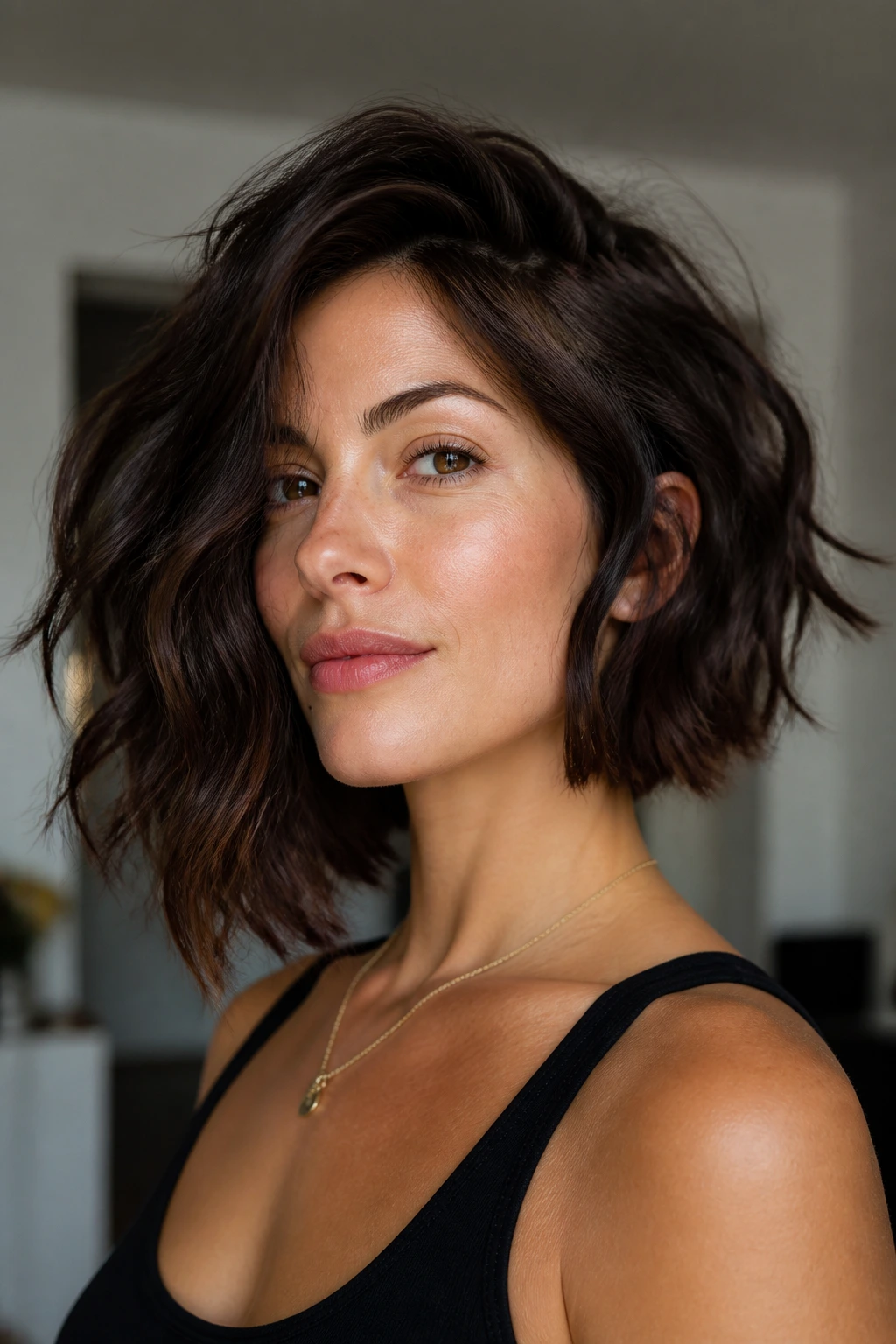 Real woman with thick wavy hair in a lived-in asymmetrical bob showing both sides