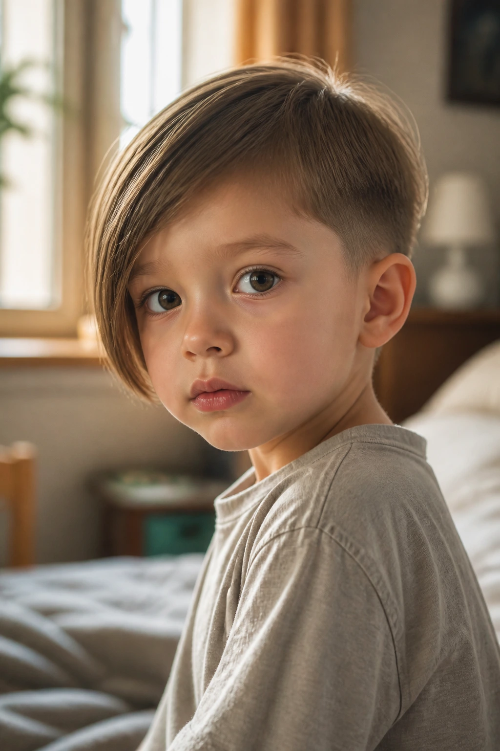 Close-up of a toddler boy with an asymmetrical bob for straight fine hair in a softly lit bedroom.