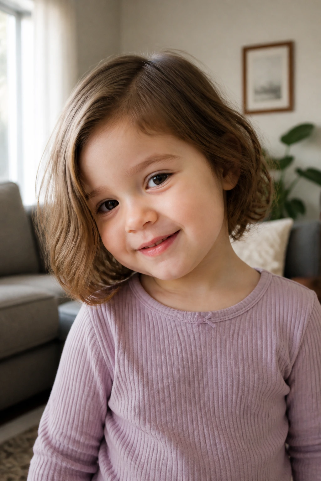 Close-up of toddler with asymmetrical bob and gentle tilt