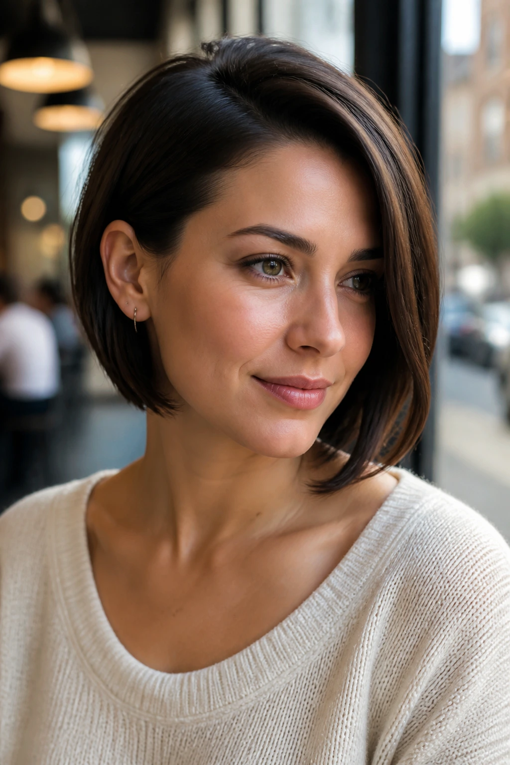 Portrait of a real woman with an asymmetrical bob tucked behind the ear.