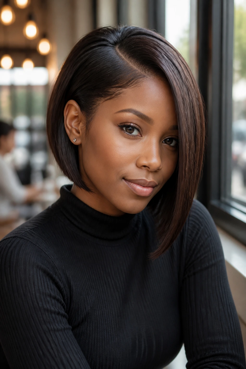 Close-up of a real Black woman with an asymmetrical bob, one side tucked behind the ear.