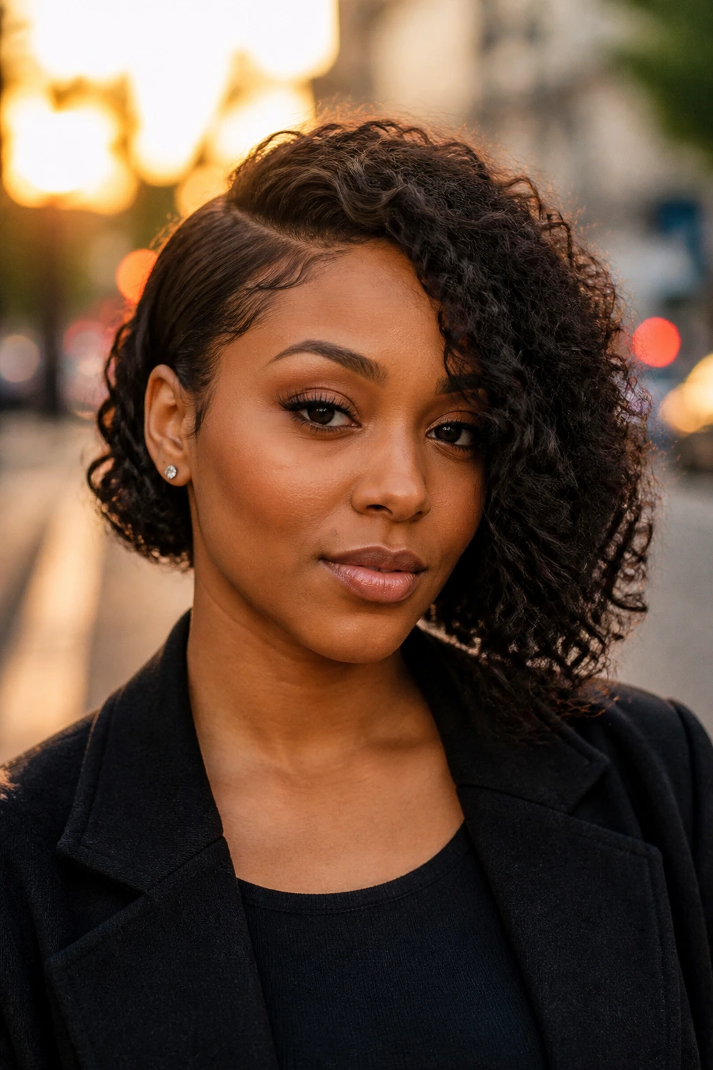 Real woman with asymmetrical bob and one tucked side