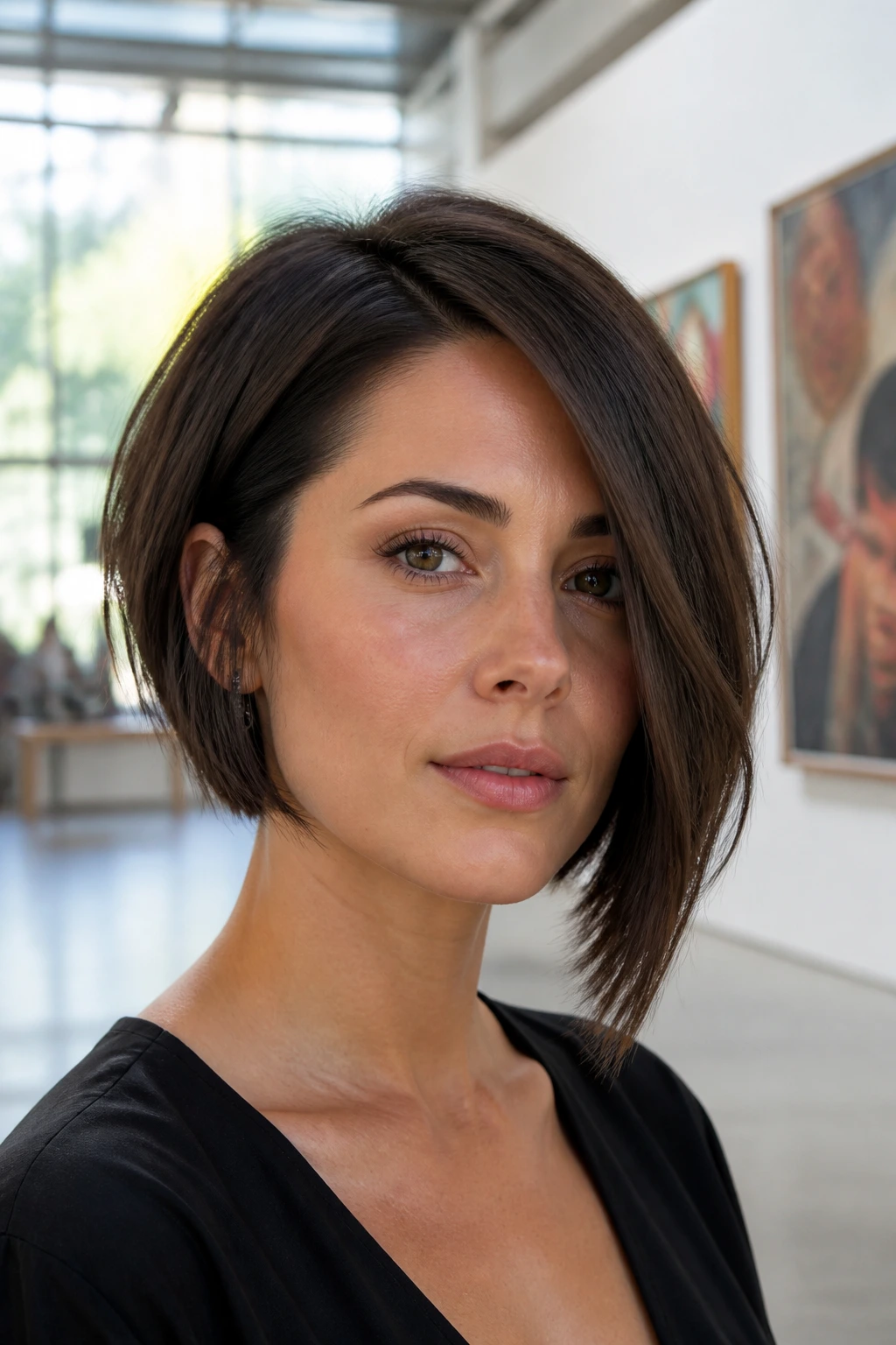 Portrait of real woman with asymmetrical bob in-daylight art-gallery setting