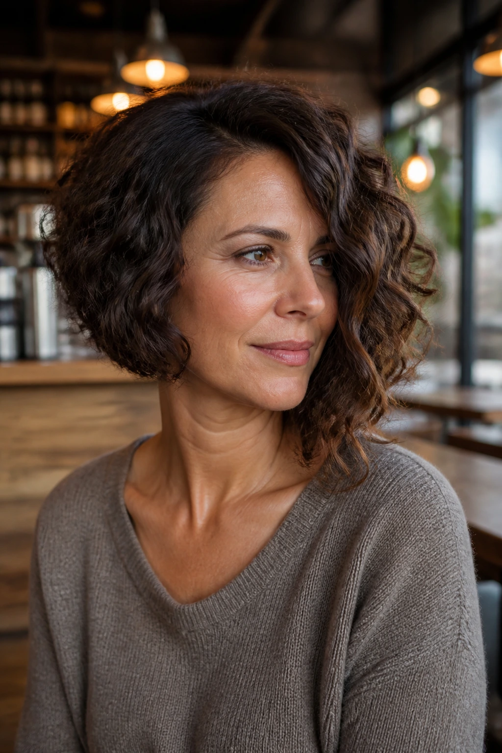 Real woman with asymmetrical bob and walnut lowlights in cafe lighting