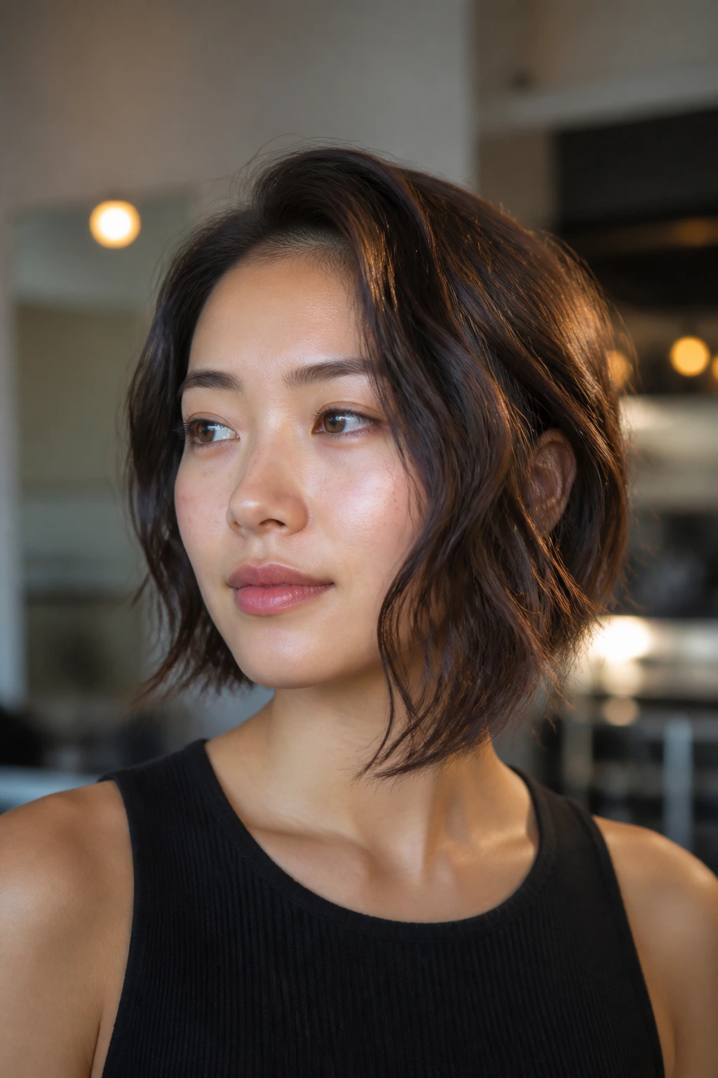 Close-up of a real woman with a subtle asymmetrical bob