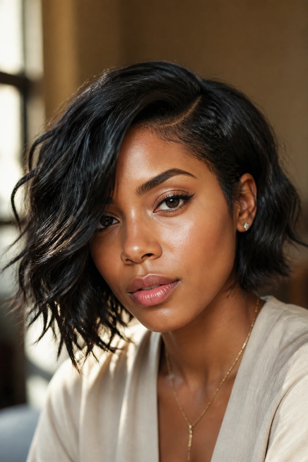Close-up of real Black woman with asymmetrical wavy bob and soft waves