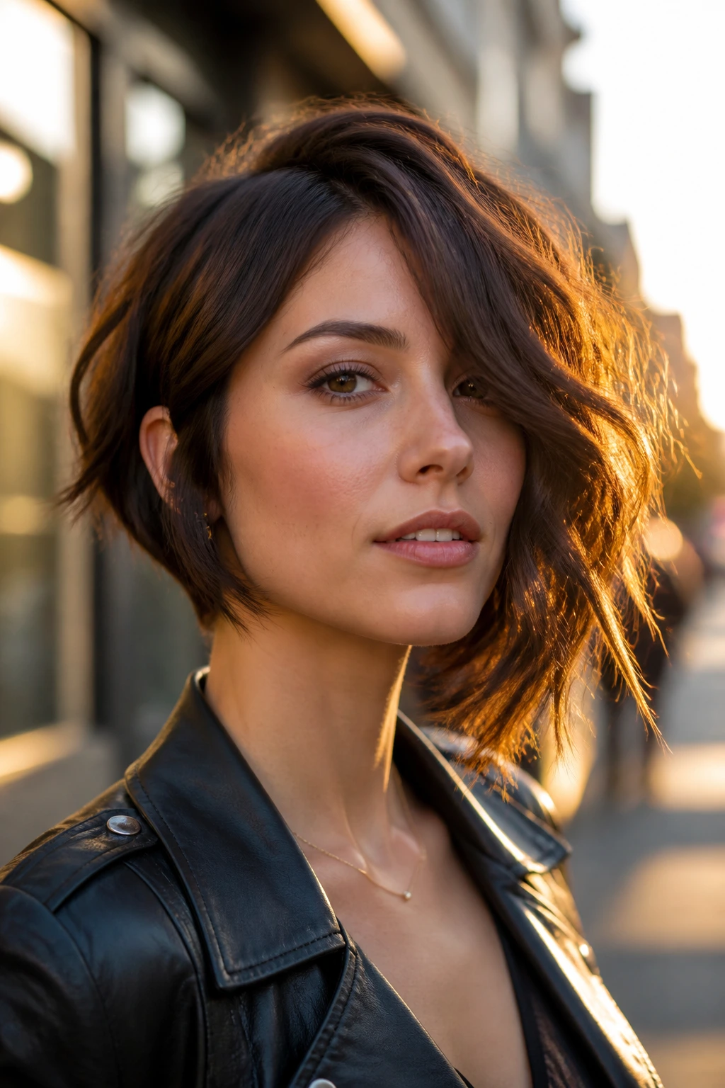 Portrait of a real woman with an asymmetrical rock bob and wavy texture.