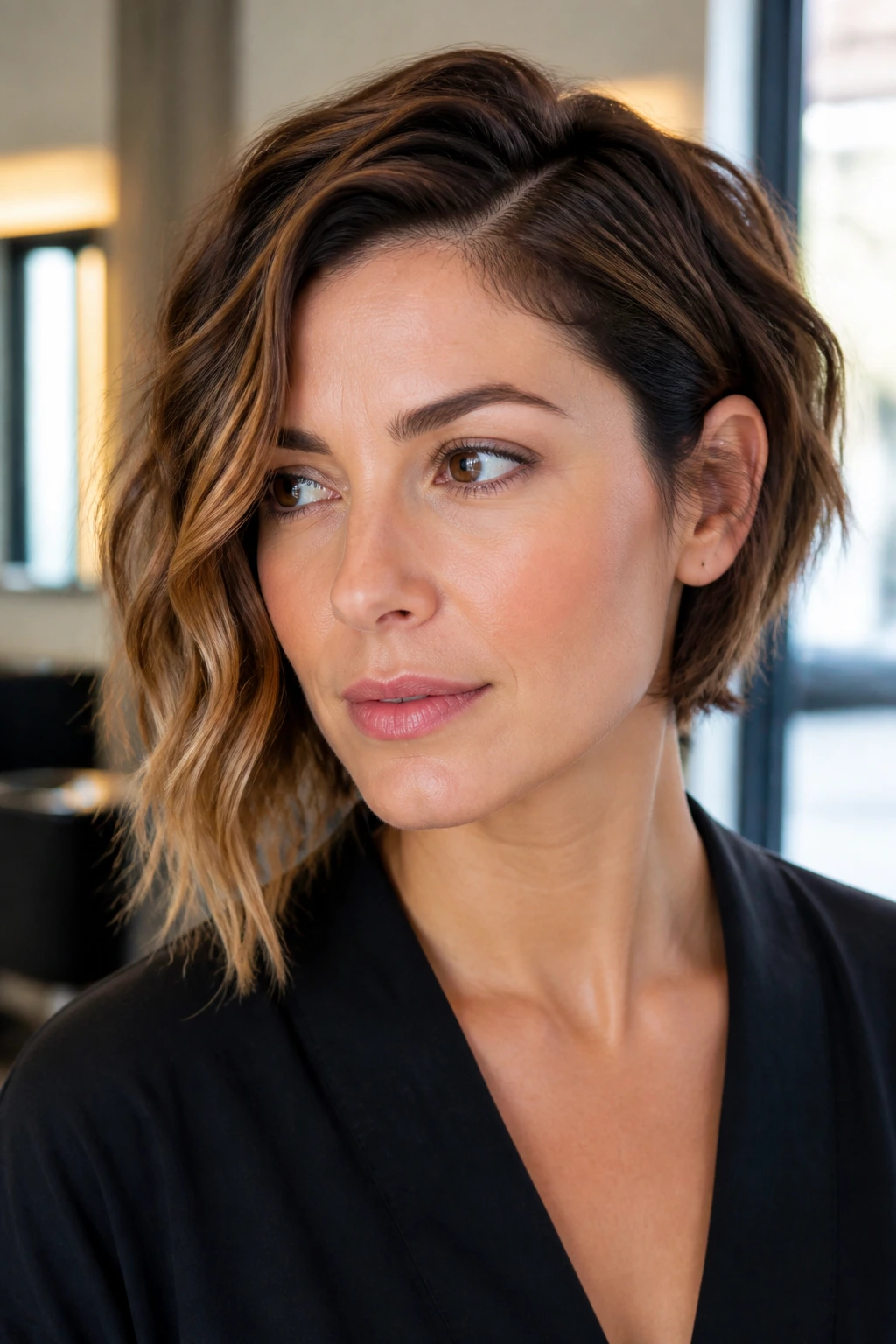 Close-up of a real woman with an asymmetrical wavy bob in warm window light