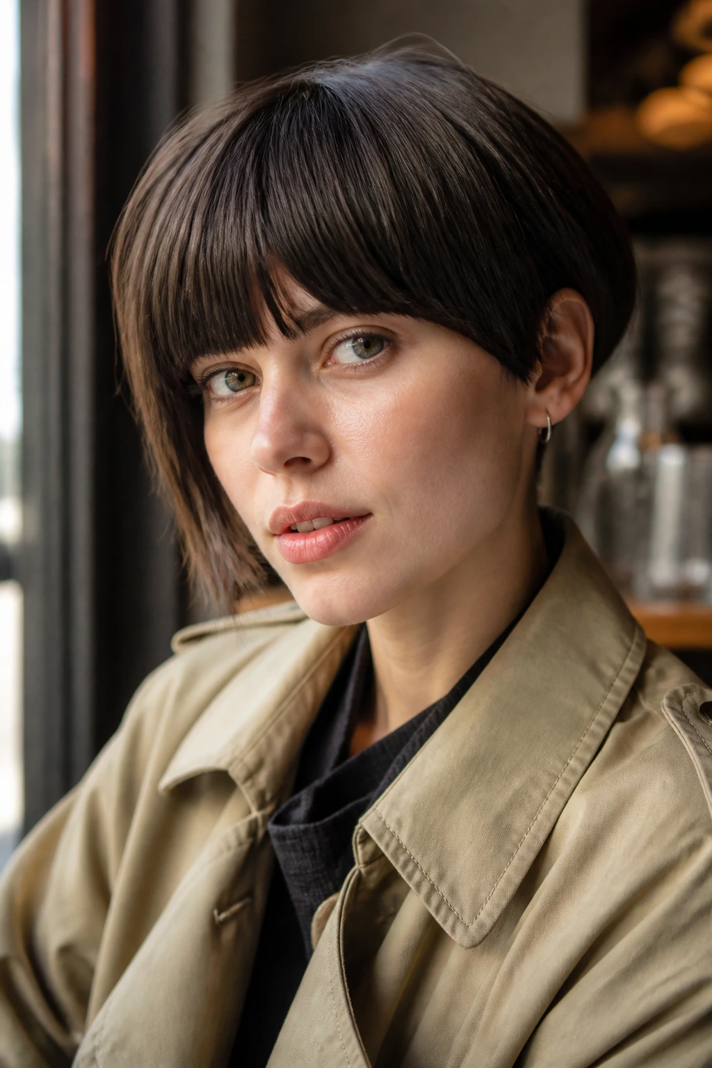 Real woman with an asymmetrical bowl haircut showing off-center length