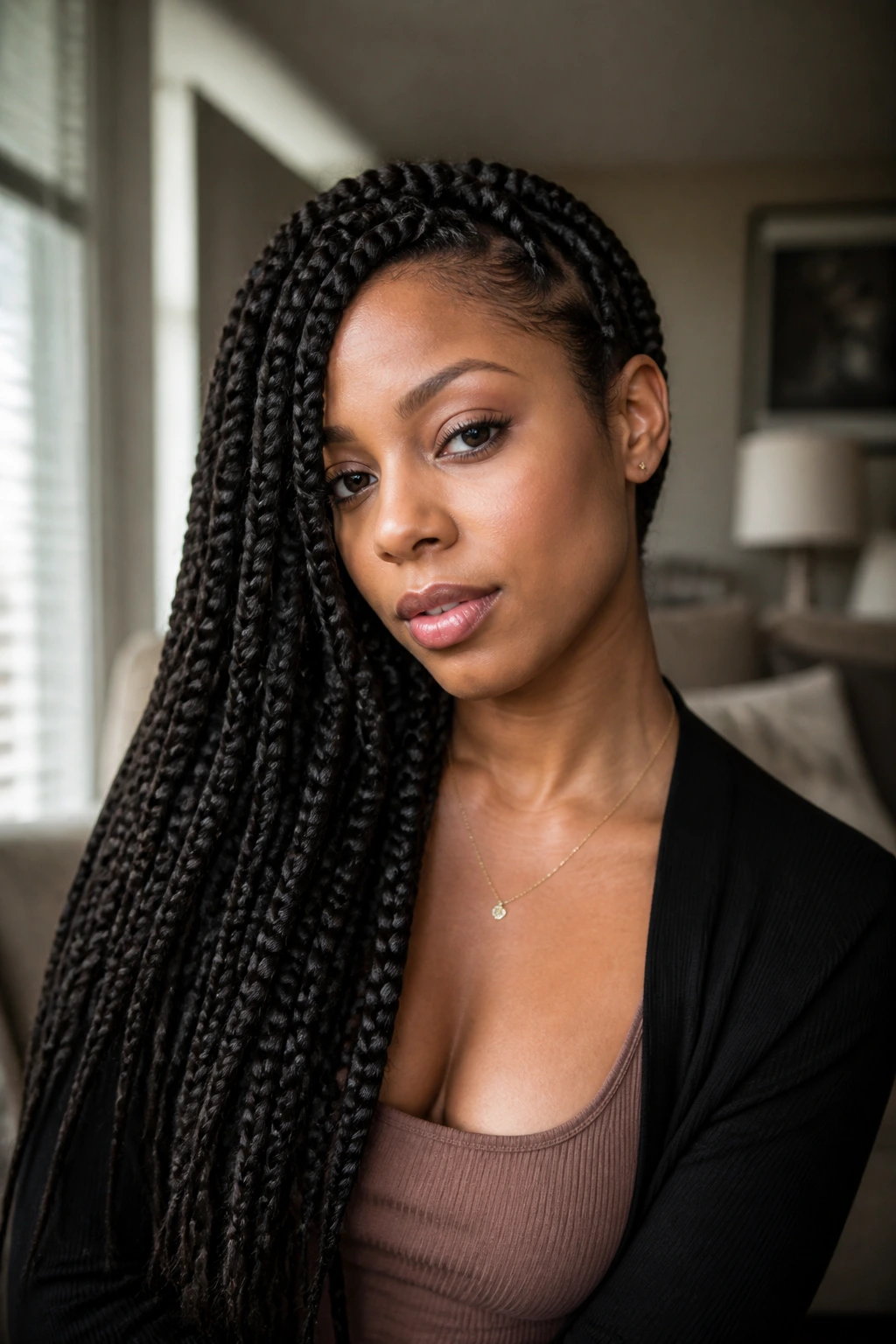 Close-up portrait of a real woman with asymmetrical jumbo braids balancing a heart-shaped face