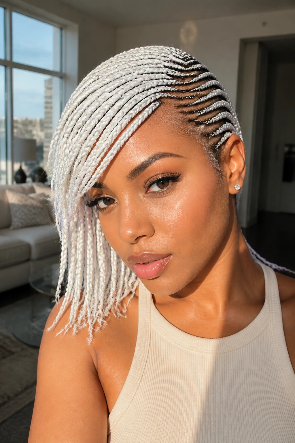Close-up portrait of a real woman with asymmetrical feed-in braids and sculpted bang, white hair