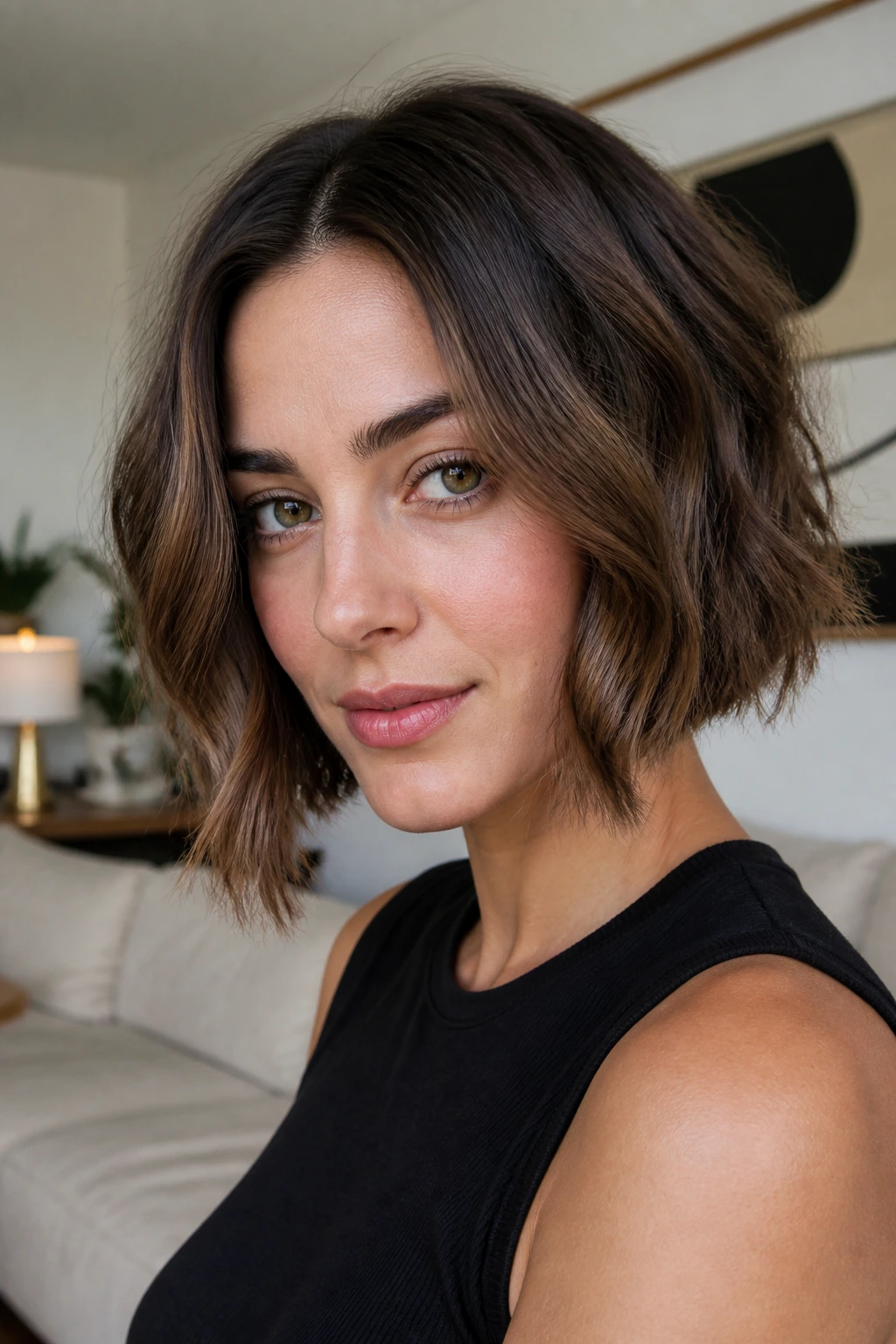 Close-up of a real woman with a slightly asymmetrical center bob under natural daylight